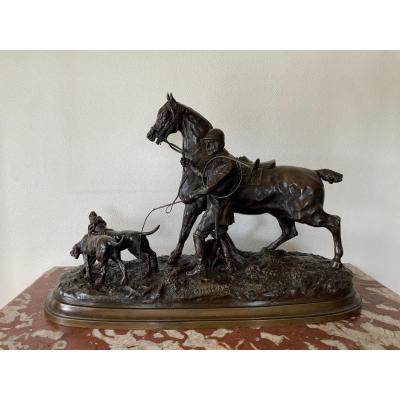 Bronze Lenordez Cheval Chien Piqueur Chasse