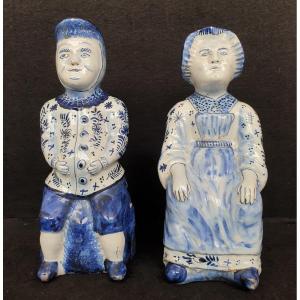 Pair Of Delft "jacquot And Jacqueline" Pitchers, 19th Century 