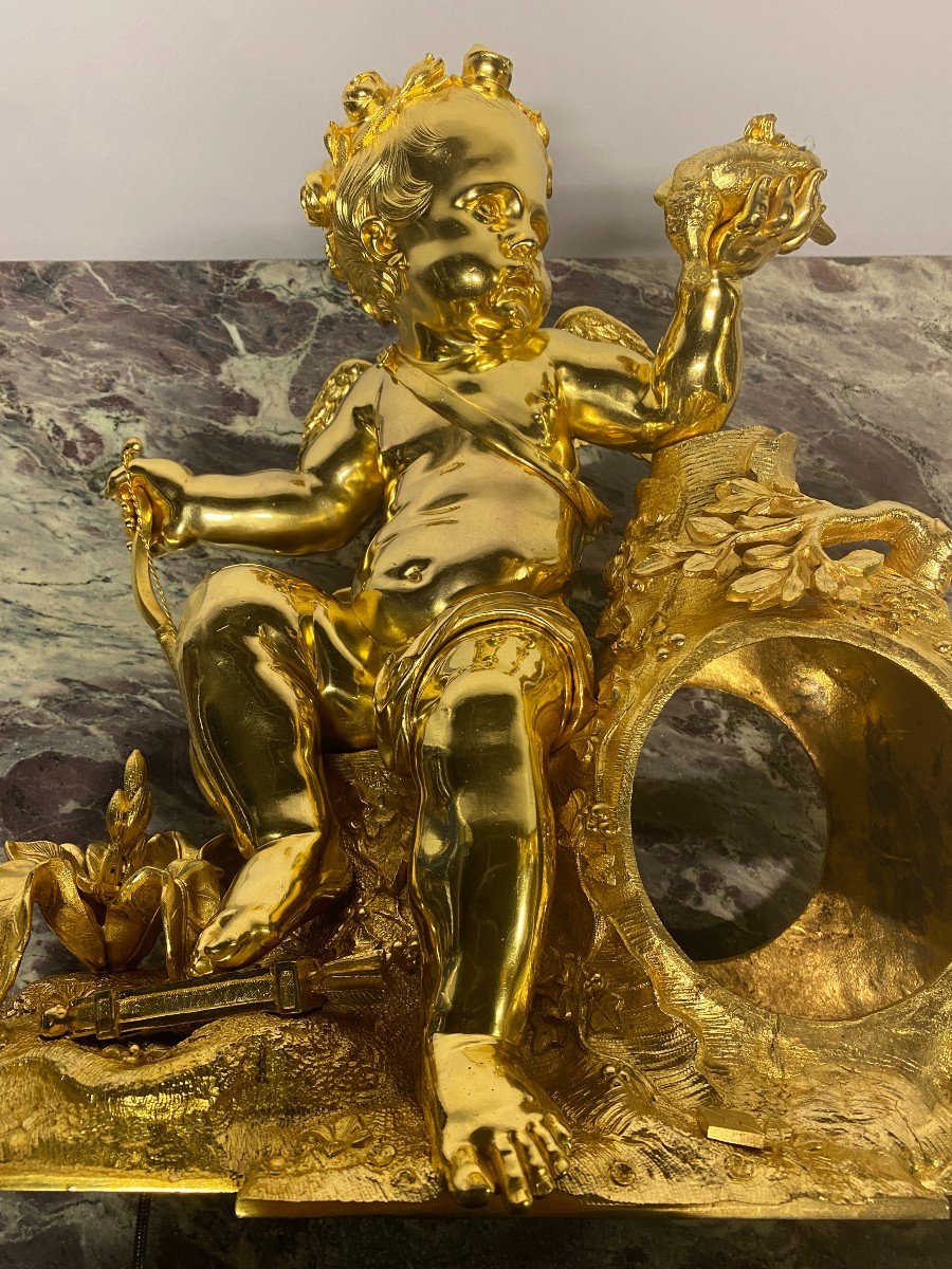 Importante Garniture Napoléon III En Bronze Doré Et En Marbre Blanc à Décor De Cupidon-photo-2