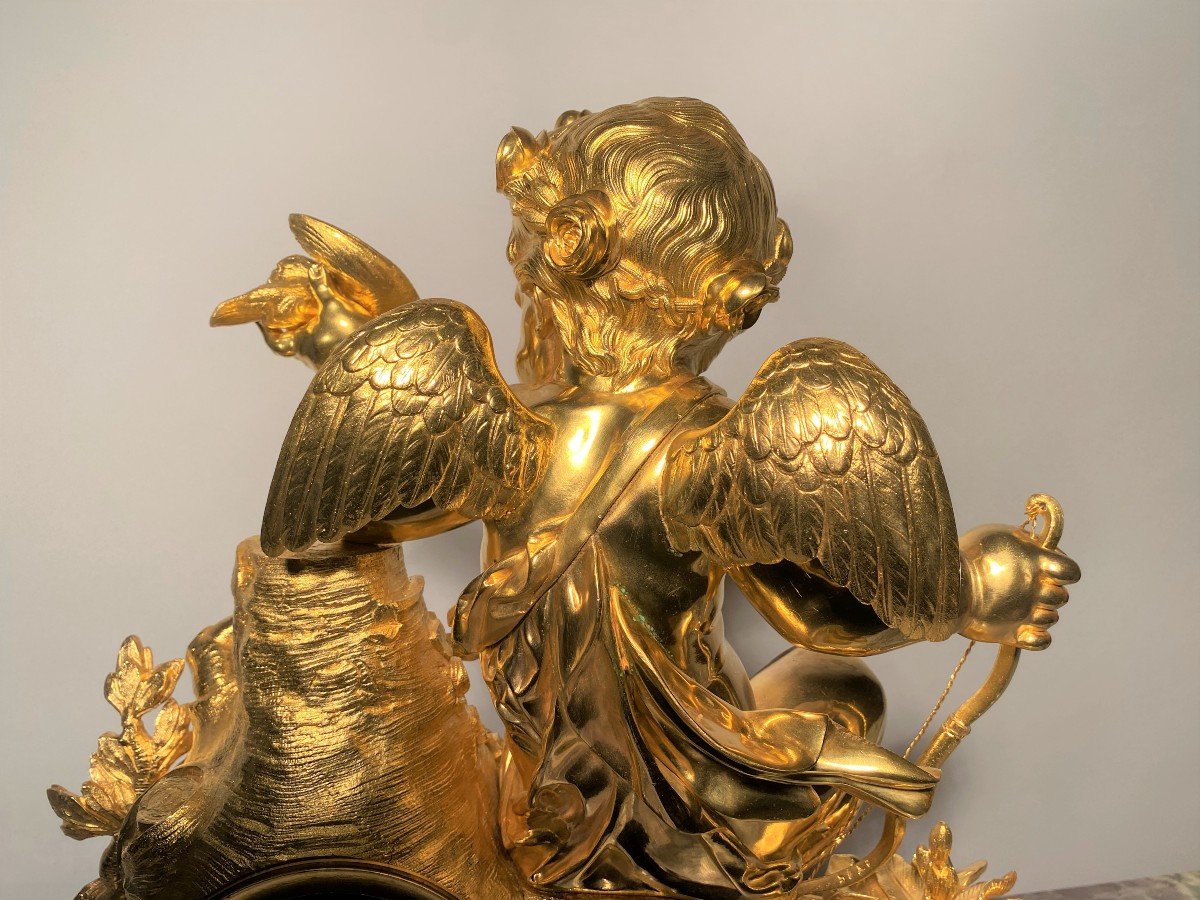 Importante Garniture Napoléon III En Bronze Doré Et En Marbre Blanc à Décor De Cupidon-photo-3