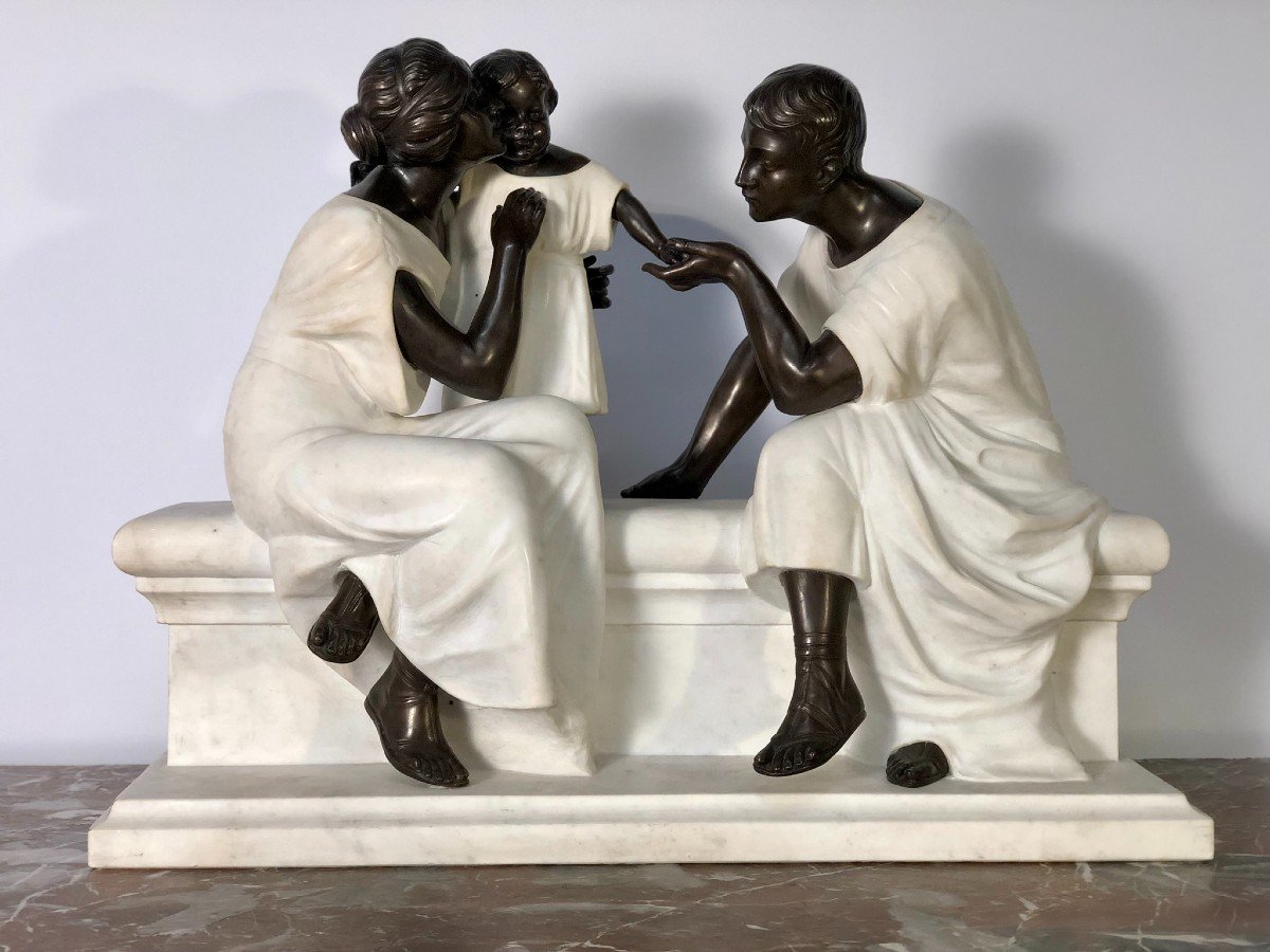 Group In White Marble And Patinated Bronze, Italy Early 20th Century.