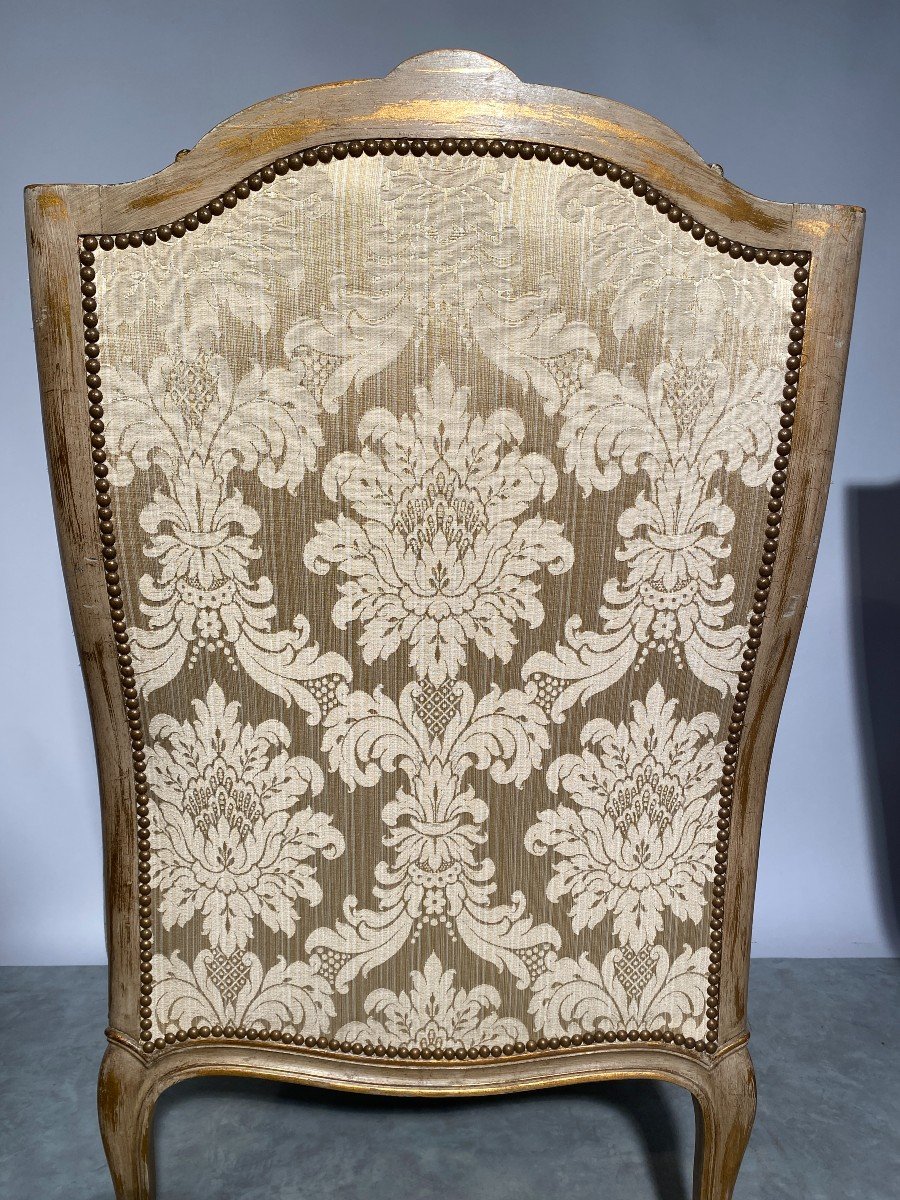 Paire De Bergères Et Un Canapé, Tissus En Coton et viscose façon Soie, Style Louis XV. -photo-7