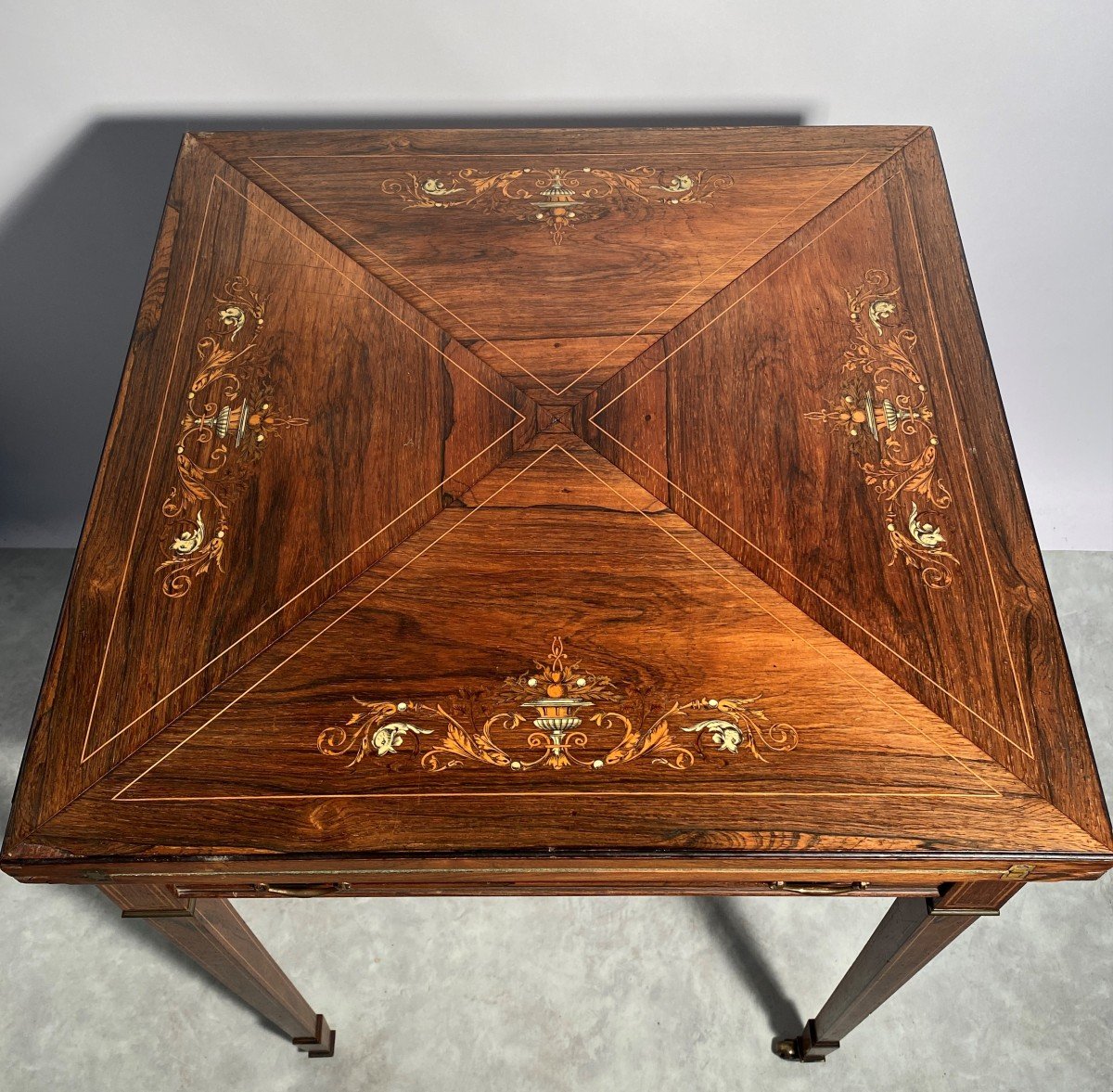 English Game Table Called 'handkerchief' With Inlaid Decor.