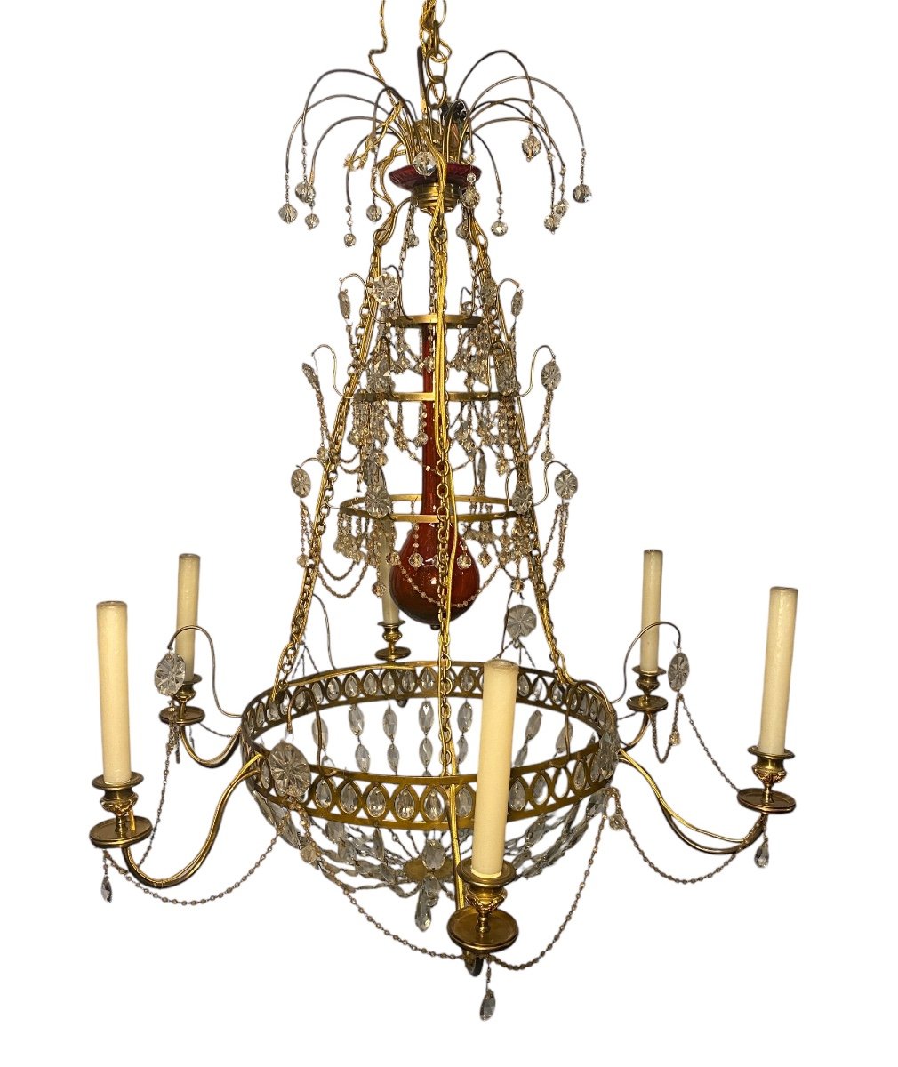 Rare Russian Chandelier In Gilt Bronze, Glass And Crystal, Late 18th Century