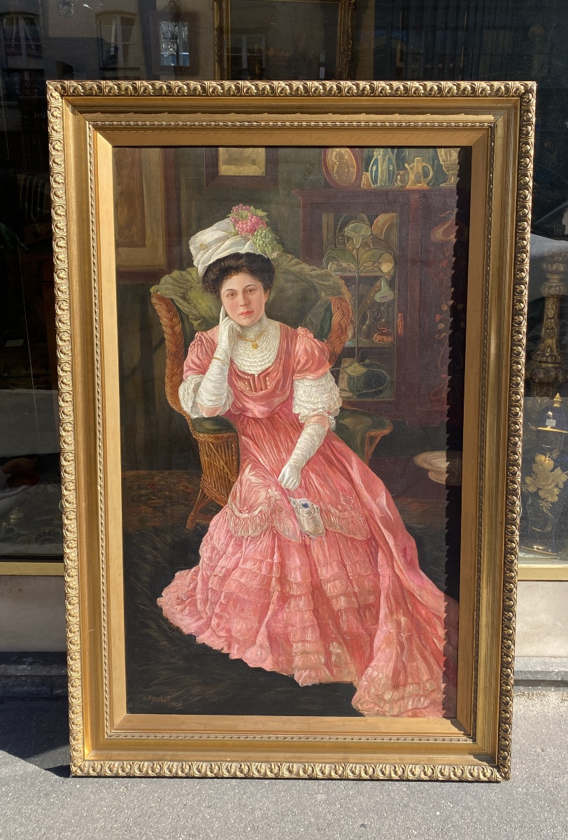 Grand Tableau Portrait D’une Dame En Pied