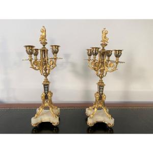 Pair Of Napoleon III Bronze Candlesticks Decorated With Cloisonne Enamels