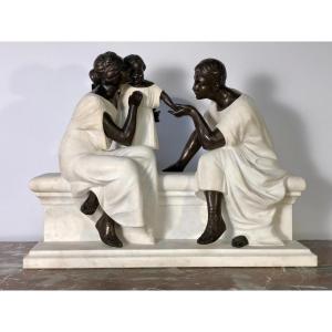 Group In White Marble And Patinated Bronze, Italy Early 20th Century.