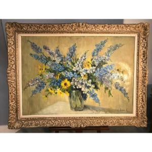 Grand Tableau, Huile Sur Toile, Bouquet De Fleurs, Signé Barjan 