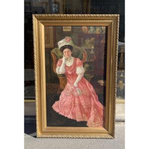 Grand Tableau Portrait D’une Dame En Pied