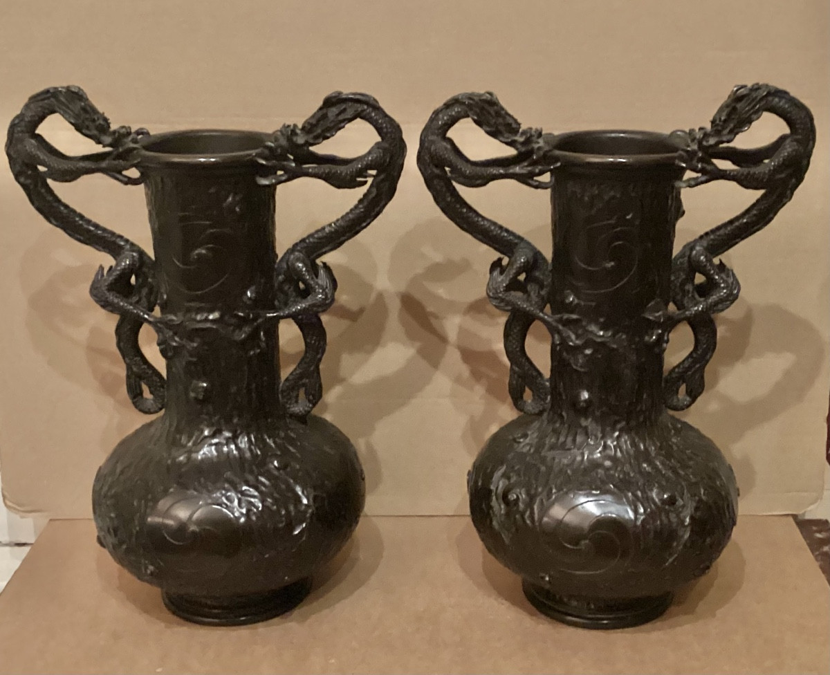 Pair Of Japanese Bronze Vases 