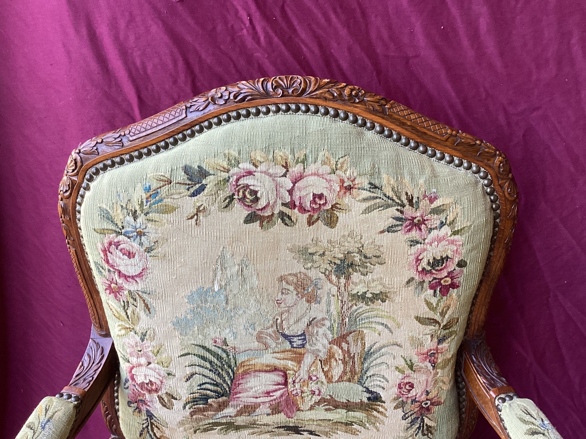 Pair Of Louis XV Armchairs Upholstered In Petit Point Embroidery -photo-1