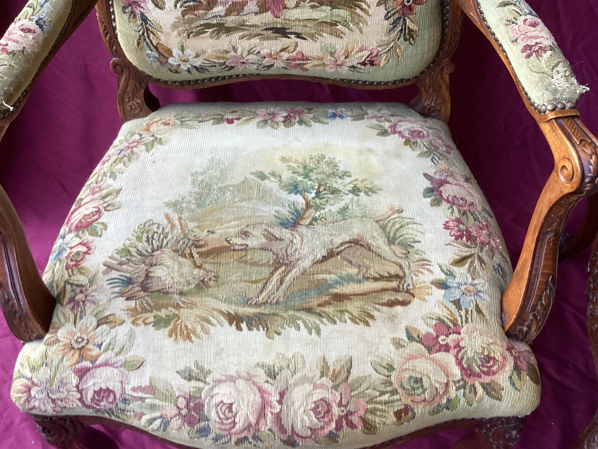 Pair Of Louis XV Armchairs Upholstered In Petit Point Embroidery -photo-2