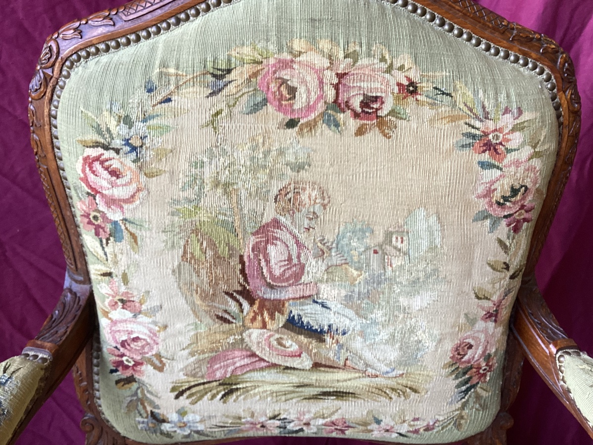 Pair Of Louis XV Armchairs Upholstered In Petit Point Embroidery -photo-3