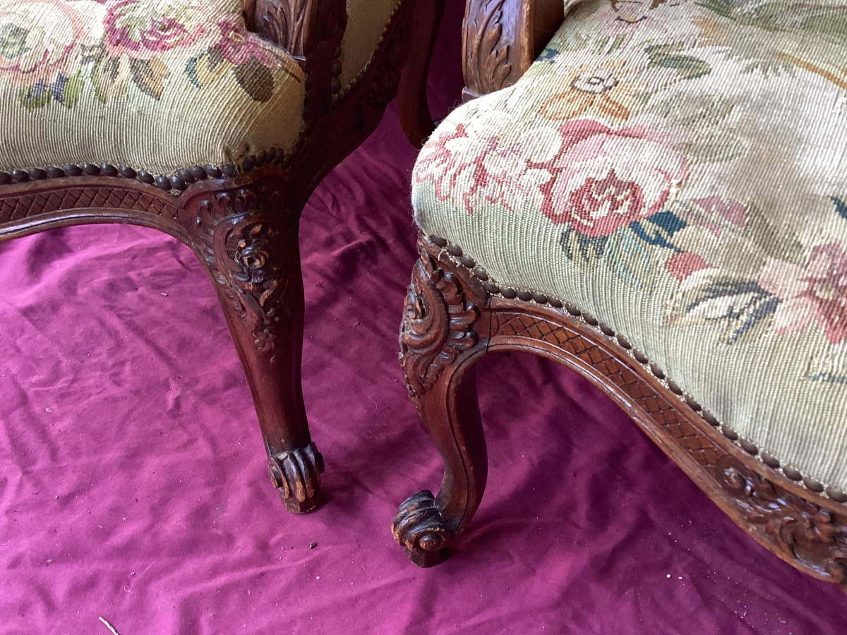 Pair Of Louis XV Armchairs Upholstered In Petit Point Embroidery -photo-4