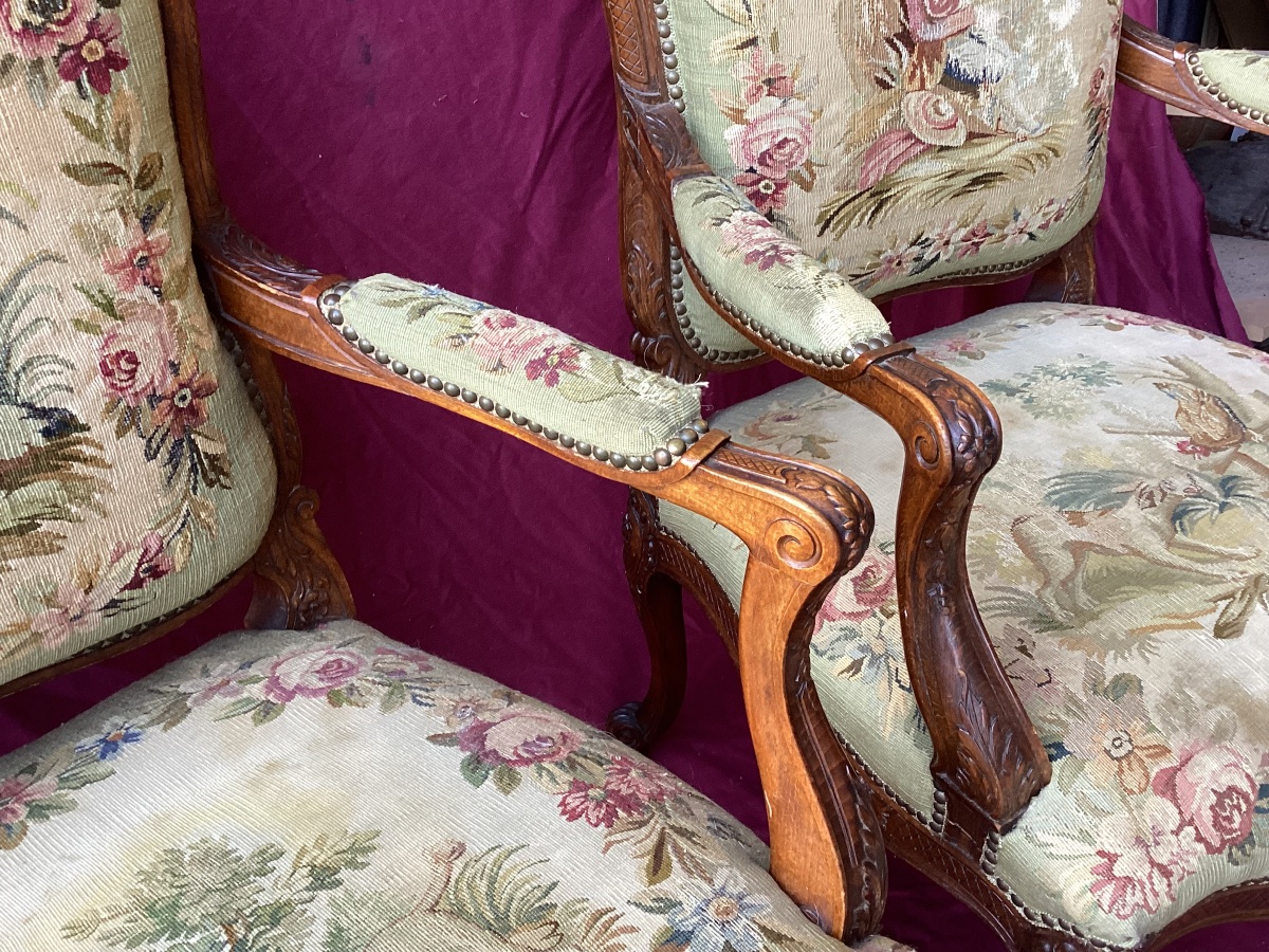 Pair Of Louis XV Armchairs Upholstered In Petit Point Embroidery -photo-7