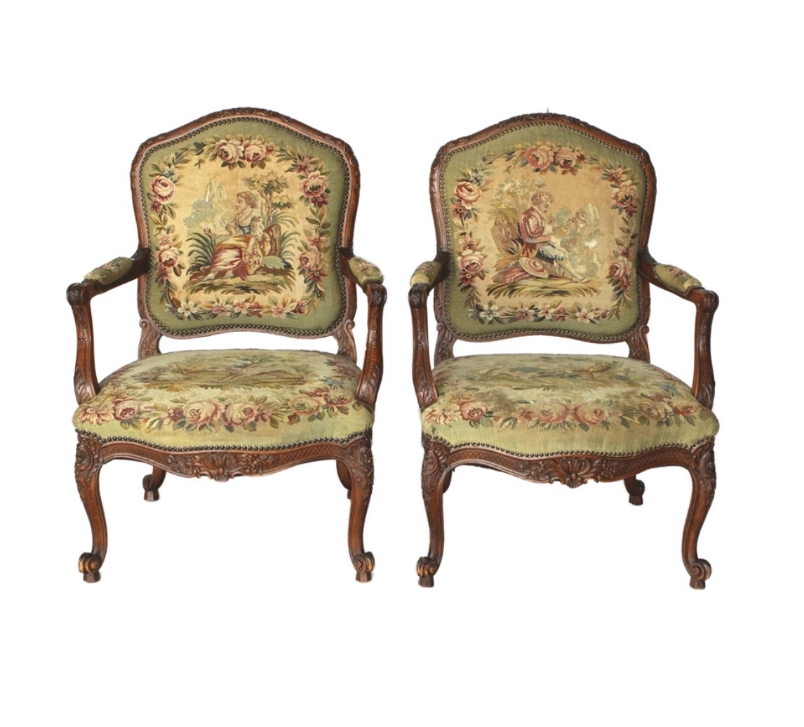 Pair Of Louis XV Armchairs Upholstered In Petit Point Embroidery 