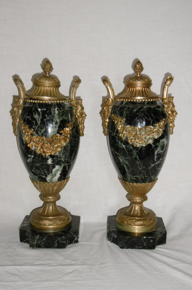 Pair Bronze Mounted Marble Cassolettes From Nineteenth