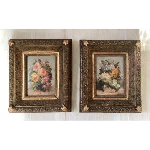 Paire de bouquets de fleurs signés 19ème