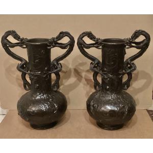Pair Of Japanese Bronze Vases 