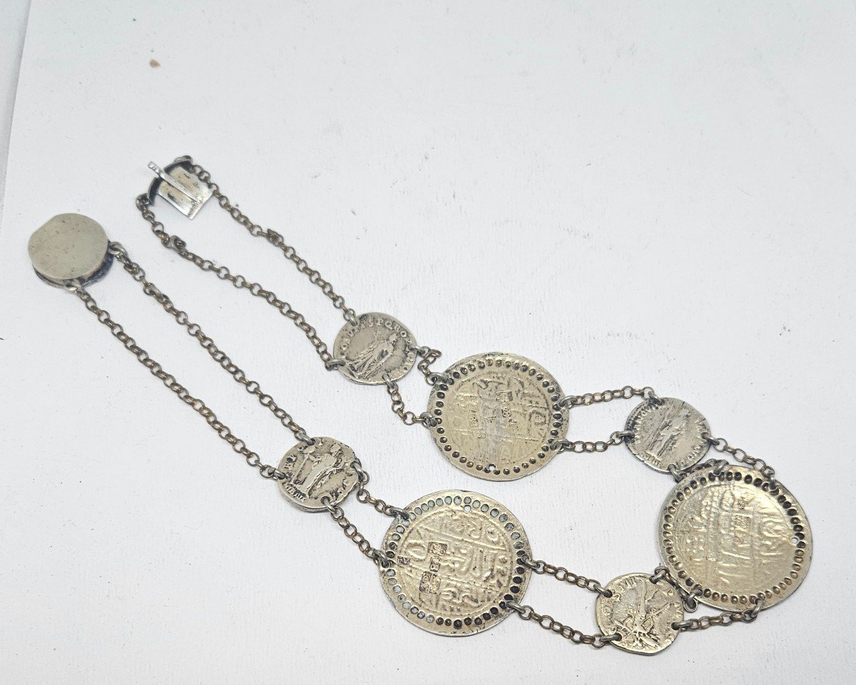 Proantic: Collier Ras De Cou En Argent Massif Russe Et Denier Antique