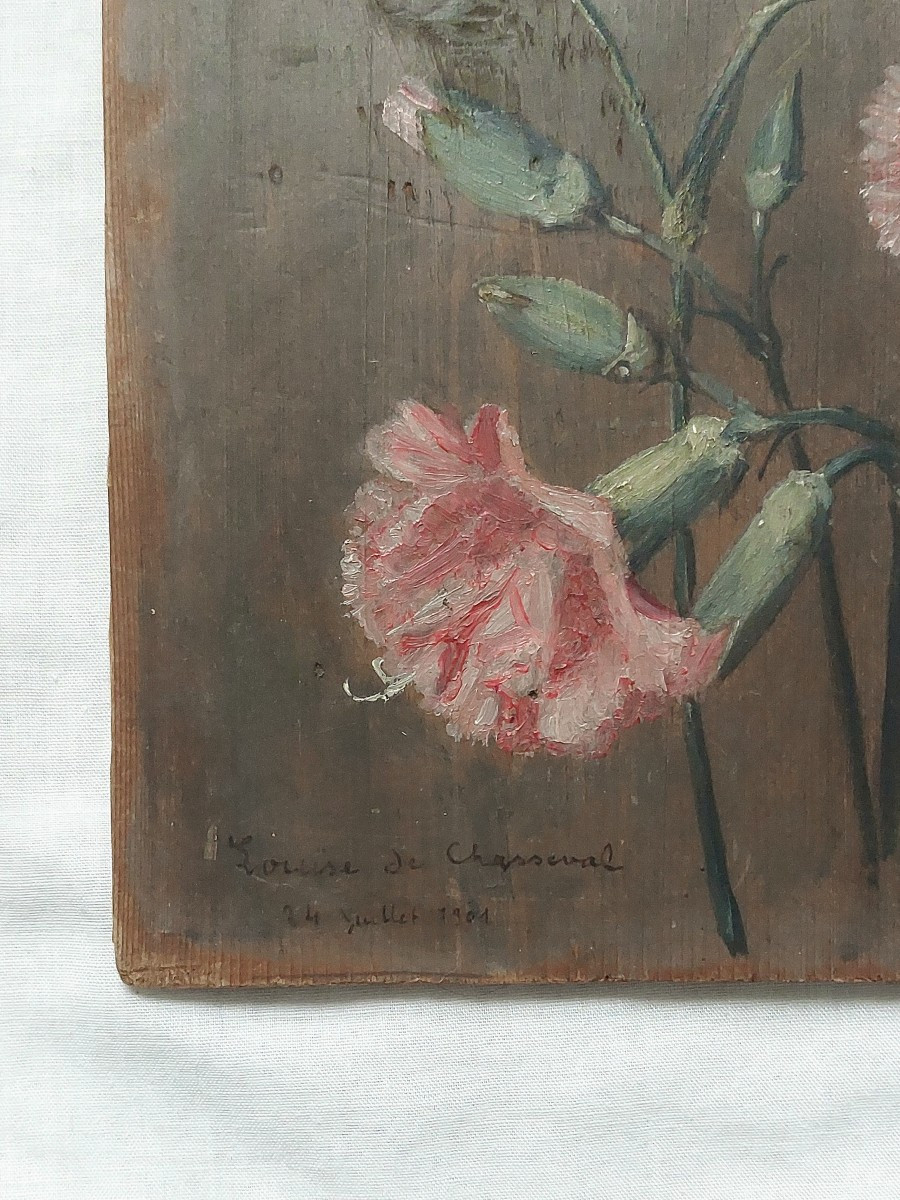 Antique French Painting - Study Of Flowers - Oil On Wood-photo-2