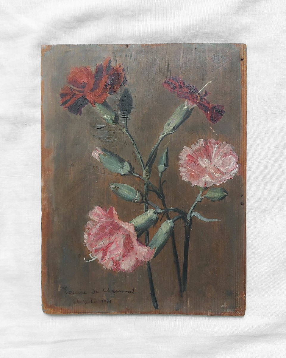 Antique French Painting - Study Of Flowers - Oil On Wood