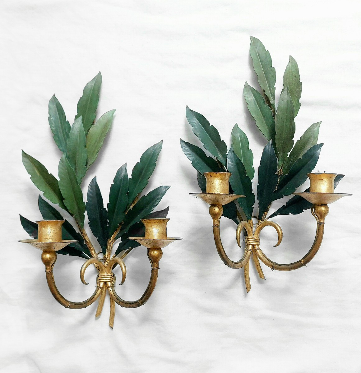 Pair Of Wall Sconces Lights - Candlesticks - Laurel Leaves