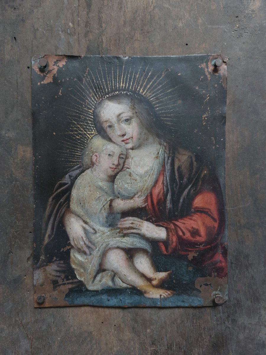 17th-century Madonna On Copper—nailed To A Wooden Panel—virgin Mary With The Infant Jesus -photo-2