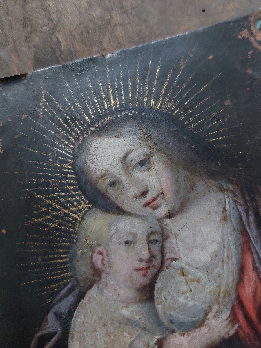 17th-century Madonna On Copper—nailed To A Wooden Panel—virgin Mary With The Infant Jesus -photo-3