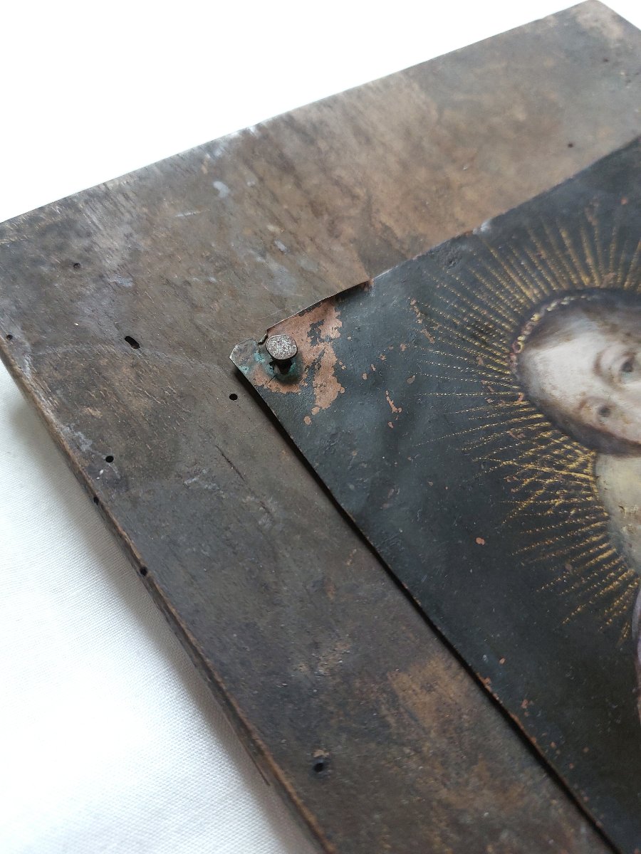 17th-century Madonna On Copper—nailed To A Wooden Panel—virgin Mary With The Infant Jesus -photo-4