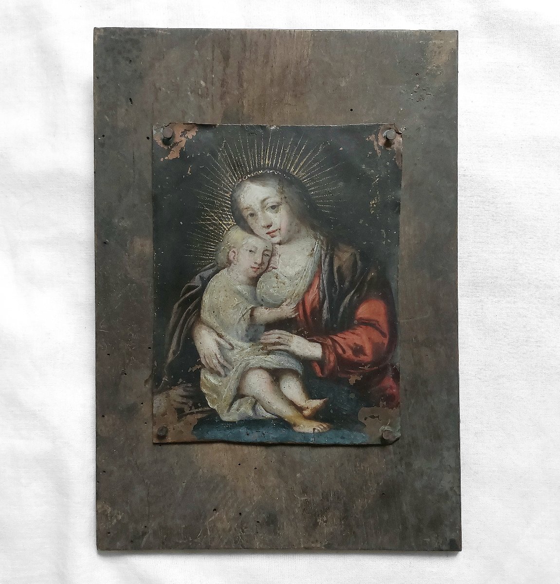 17th-century Madonna On Copper—nailed To A Wooden Panel—virgin Mary With The Infant Jesus 