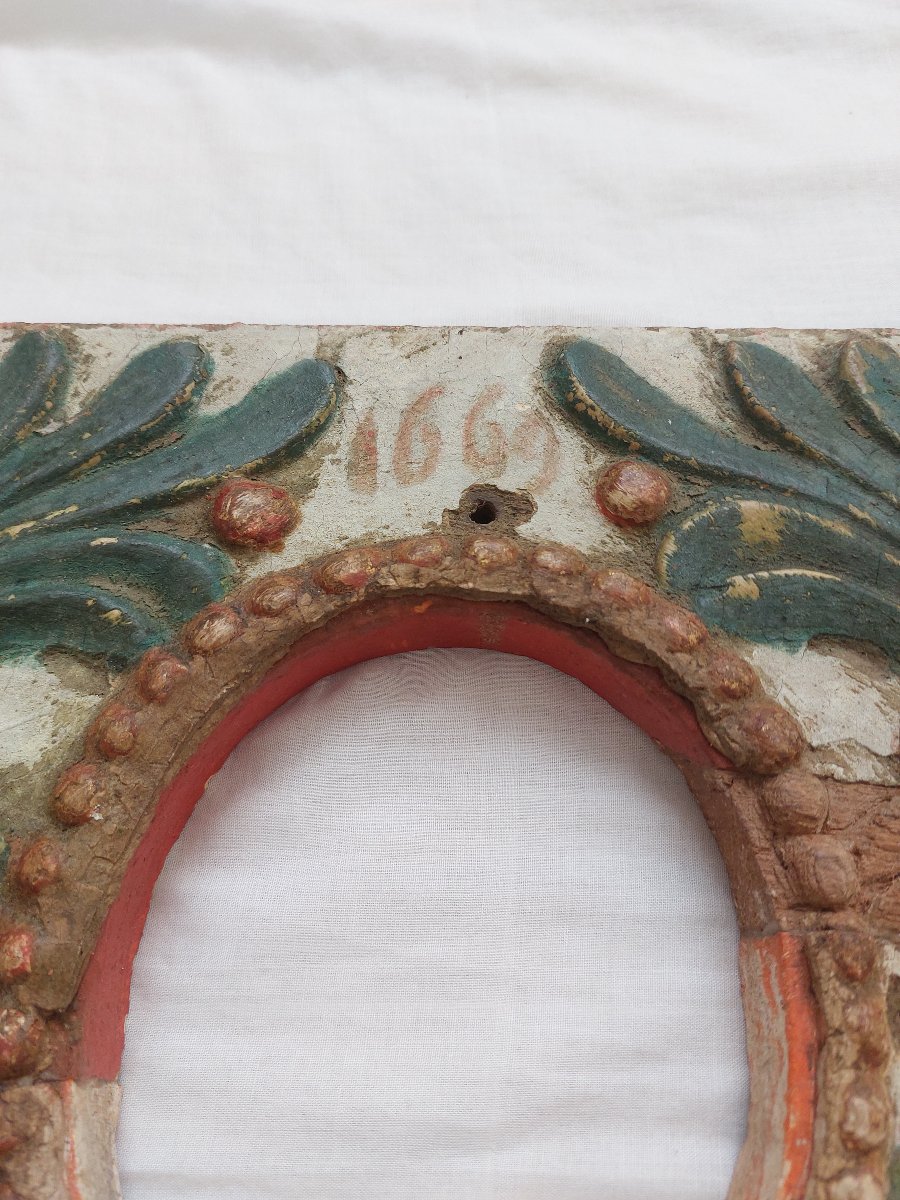 Cadre ancien 1669 XVII ème siècle - Bois sculpté polychrome - -photo-2