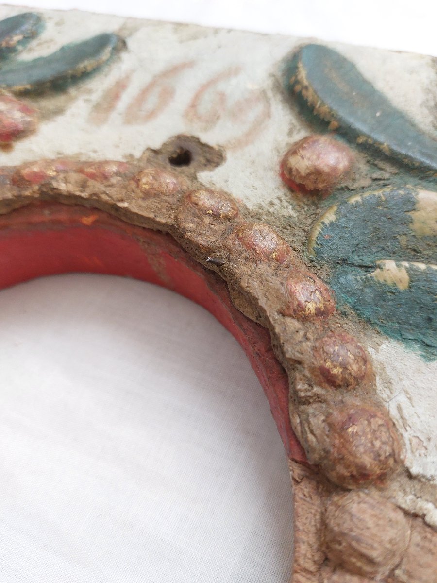 Cadre ancien 1669 XVII ème siècle - Bois sculpté polychrome - -photo-3