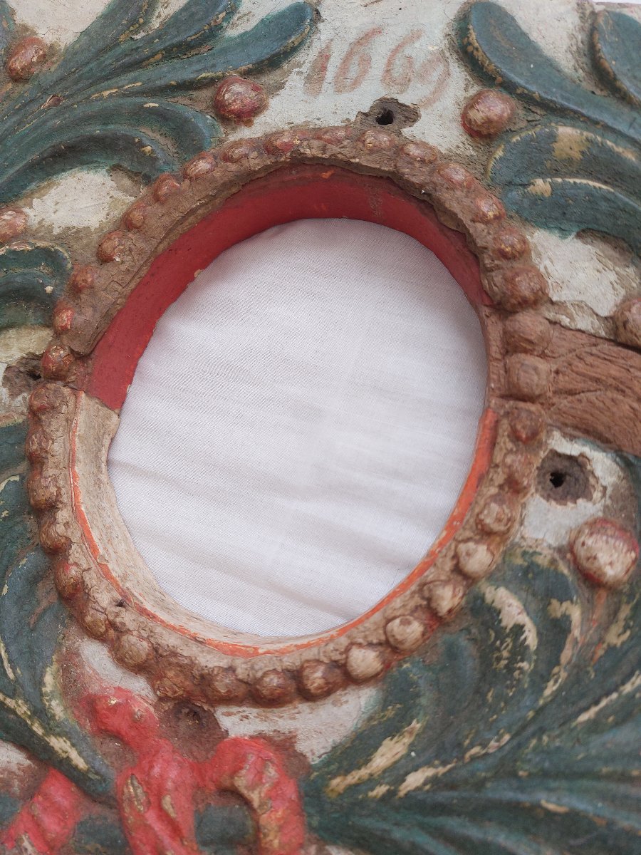Cadre ancien 1669 XVII ème siècle - Bois sculpté polychrome - -photo-4