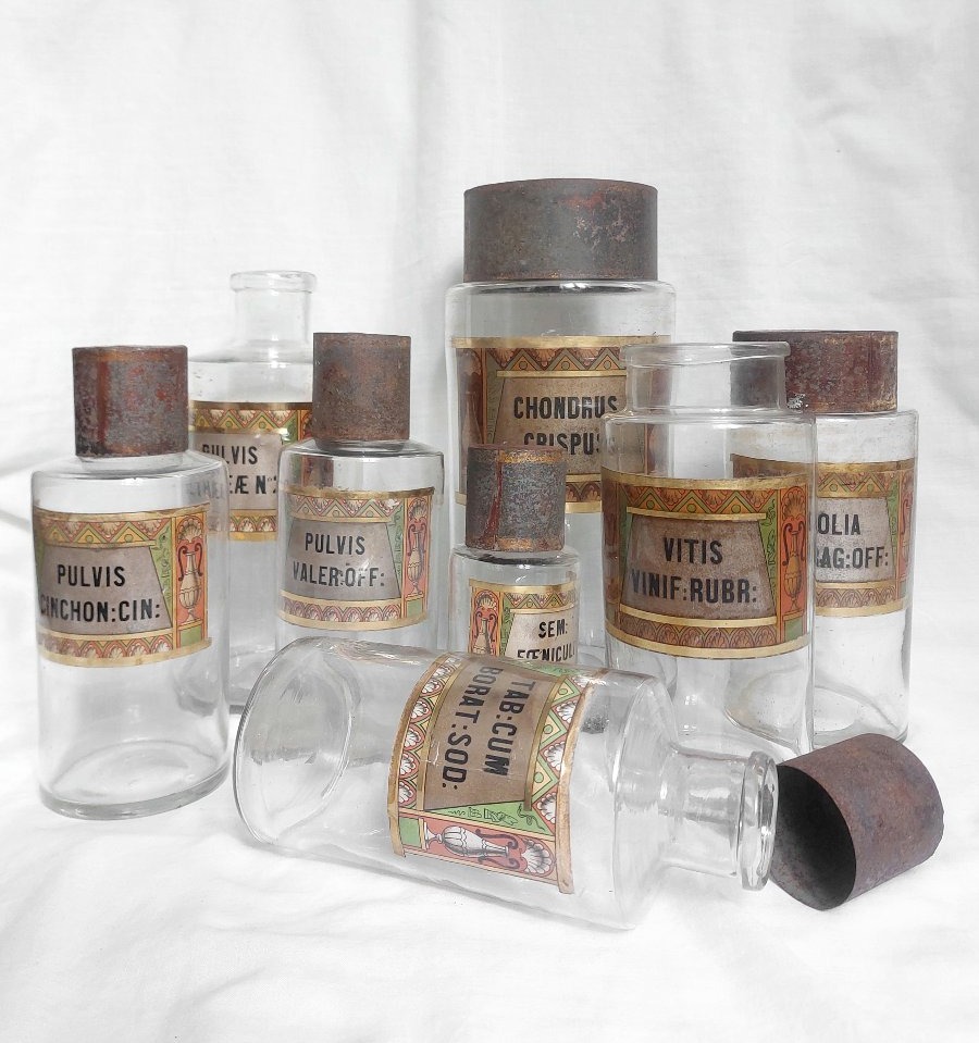 Set Of Late 19th-century Pharmacy Jars, "egyptomania"—cabinet Of Curiosities—pharmacology