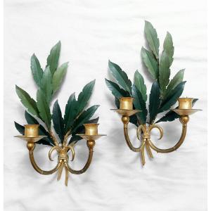 Paire d'appliques en tôle - bougeoirs - feuilles de laurier