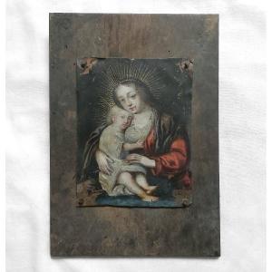 17th-century Madonna On Copper—nailed To A Wooden Panel—virgin Mary With The Infant Jesus