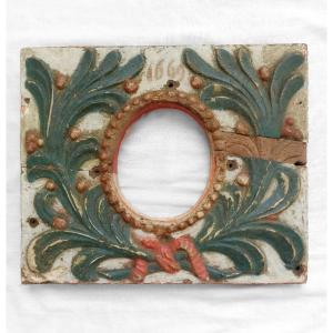 Cadre ancien 1669 XVII ème siècle - Bois sculpté polychrome -