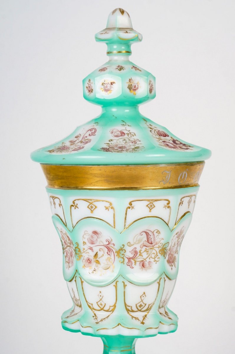 Rare Goblet En Opaline Overlay émaillé, Charles X, Vers 1830-photo-2