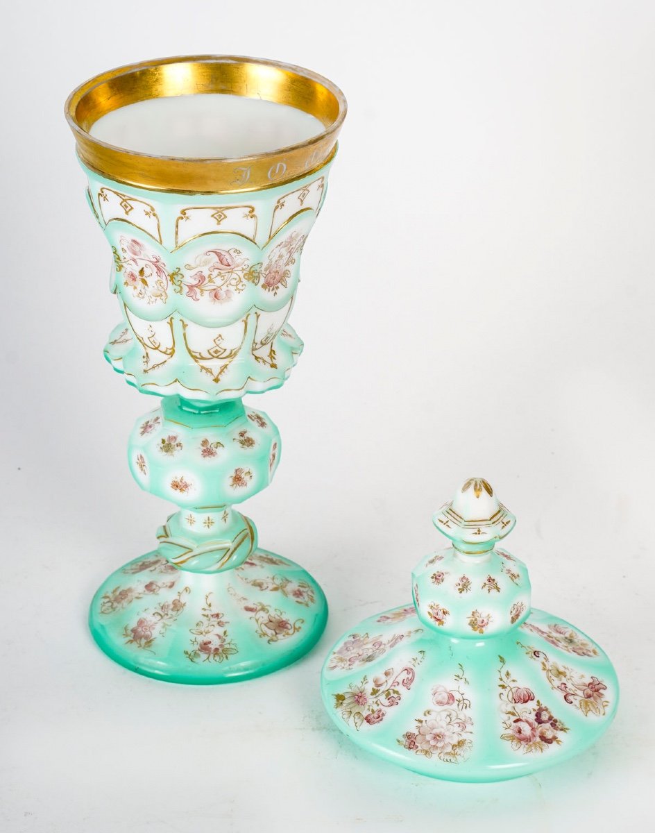 Rare Goblet En Opaline Overlay émaillé, Charles X, Vers 1830-photo-3