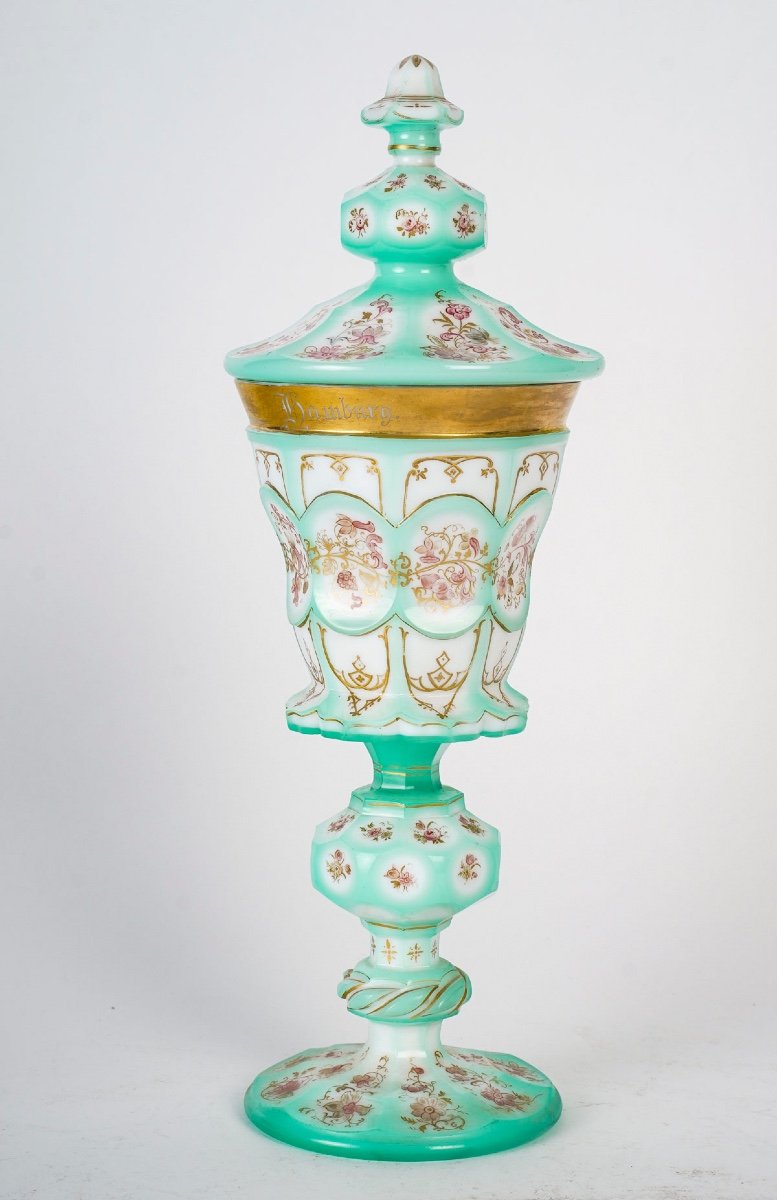 Rare Goblet En Opaline Overlay émaillé, Charles X, Vers 1830-photo-4