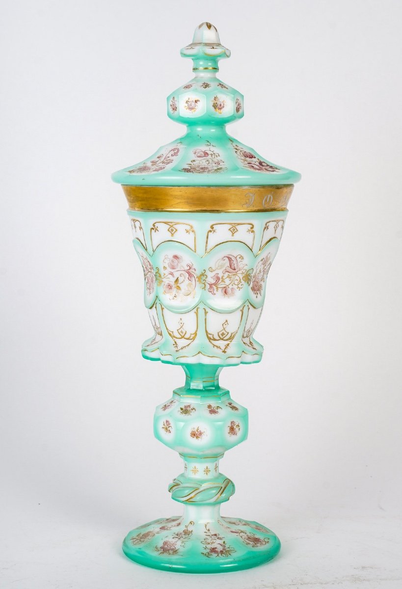 Rare Goblet In Enamelled Opaline Overlay, Charles X, Circa 1830