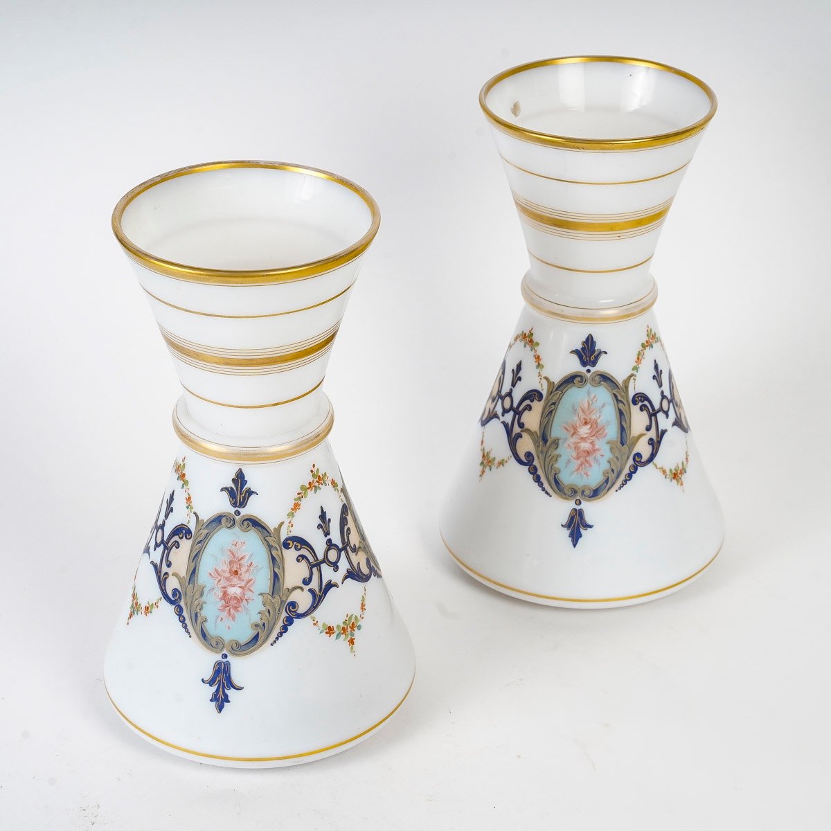Pair Of Enamelled Opaline Vases, 1860/1880 Period-photo-2