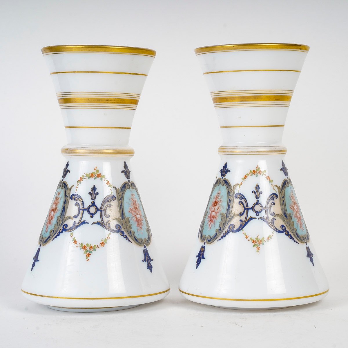 Pair Of Enamelled Opaline Vases, 1860/1880 Period-photo-3