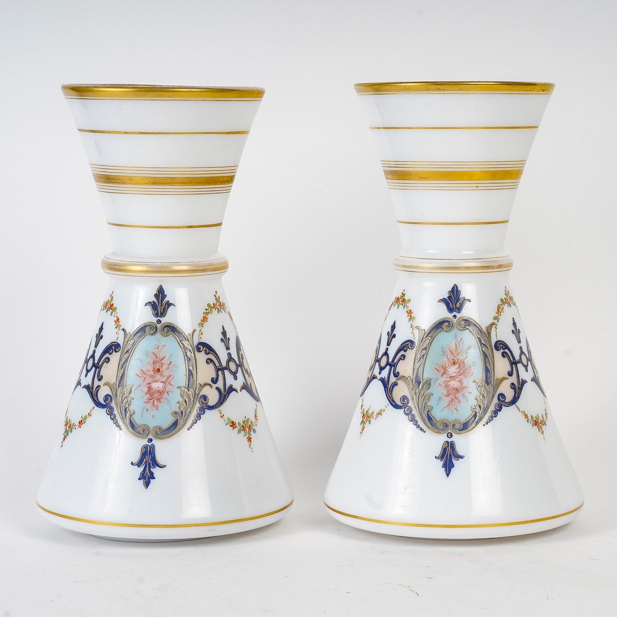 Pair Of Enamelled Opaline Vases, 1860/1880 Period