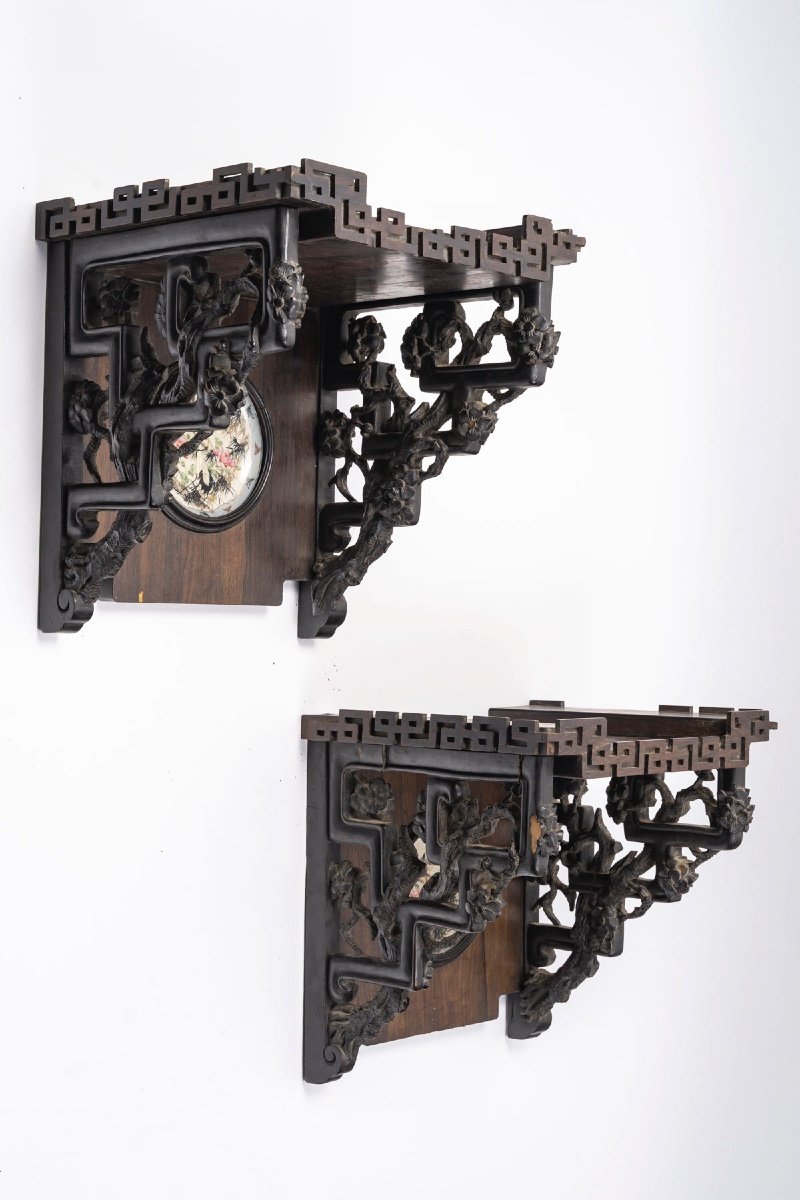 Pair Of Shelves In Wood And Porcelain, French Work.-photo-3