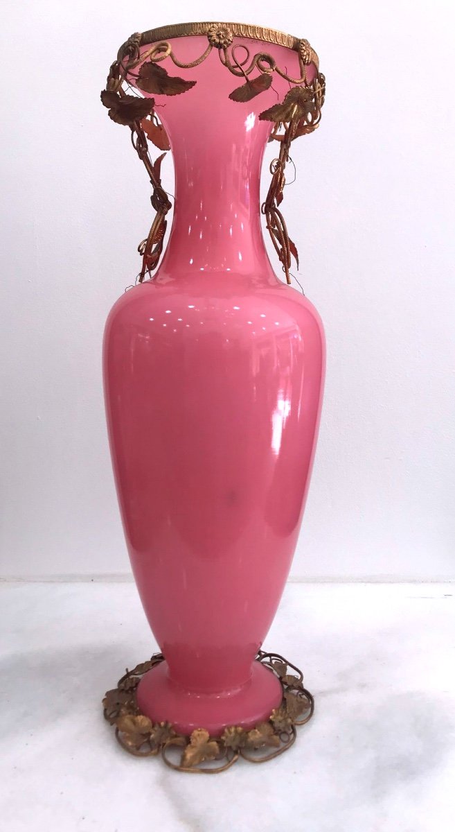 Rare Vase In Pink Opaline With Brass Mount