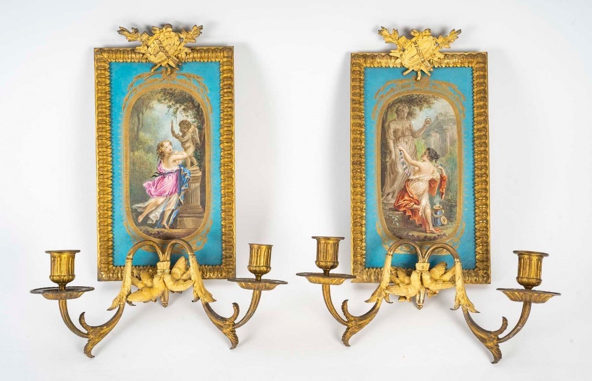 Duo Of Sèvres Porcelain Wall Lights, 19th Century