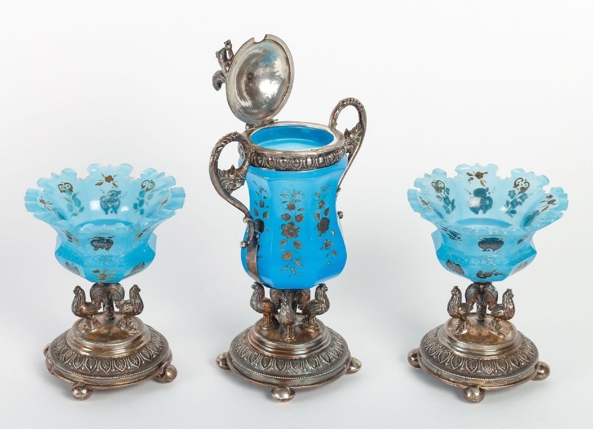Set En Opaline Avec Base En Argent, 19ème Siècle-photo-2