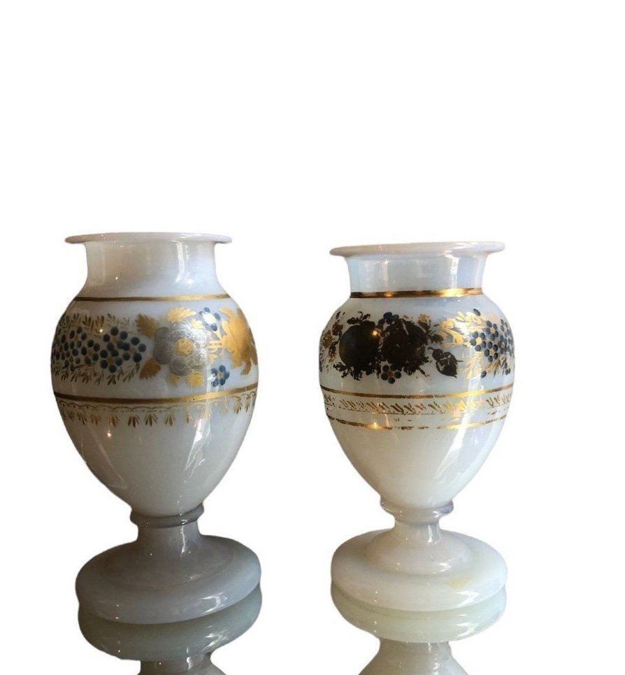Pair Of Enamelled White Opaline Vases, Charles X Period, Signed Desvigne Design